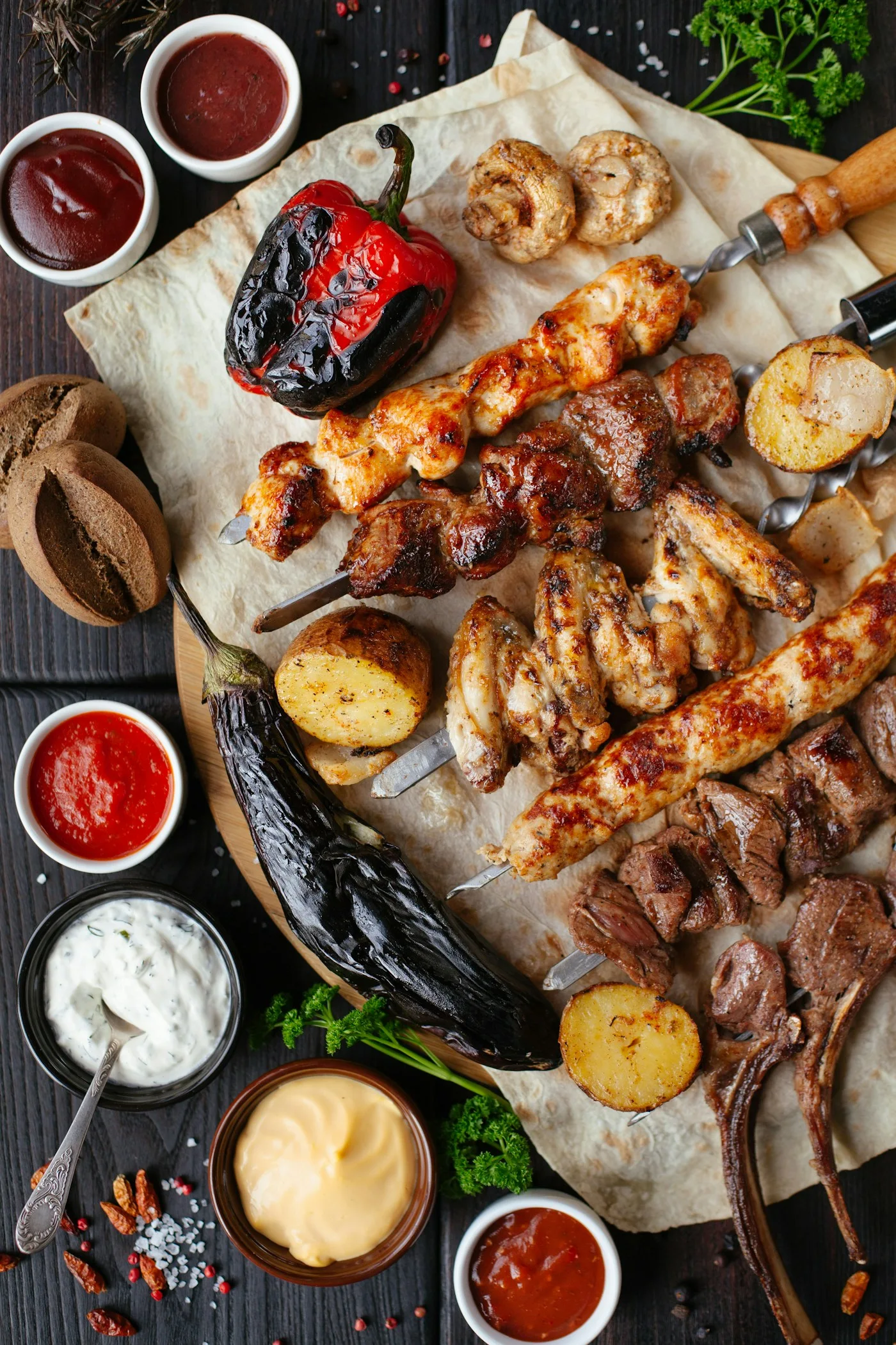 Espetos de churrasco com molhos e acompanhamentos